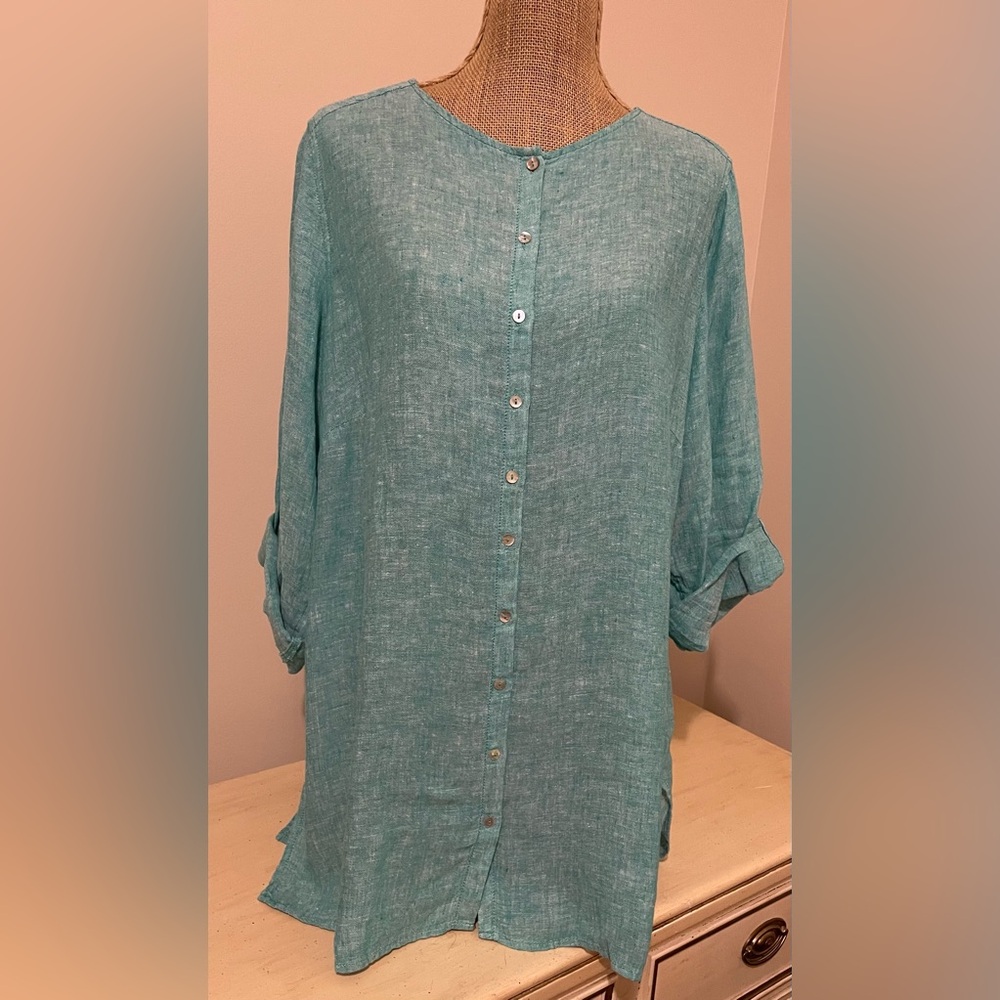 Tahari Seafoam Button-Down Linen Tunic Shirt